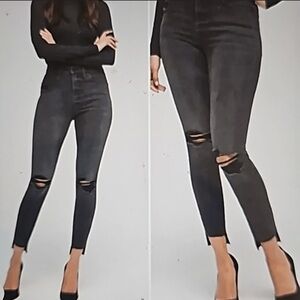 Good American Good Waist‎ Jeans Skinny Distressed Black Raw Hem Size 14/32